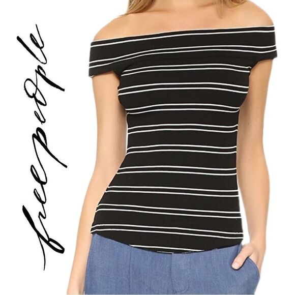 Free People Off the Shoulder Black and White Stripe Tee - Size L - Picture 2 of 3